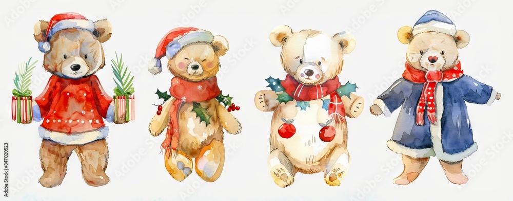 Watercolor Christmas bears in winter attire. Concept of holiday, festive season, cute animals, winter celebration, Christmas, funny bear cubs. Isolated on white background Watercolor Christmas bears in winter attire. Concept of holiday, festive season, cute animals, winter celebration, Christmas, funny bear cubs. Isolated on white background