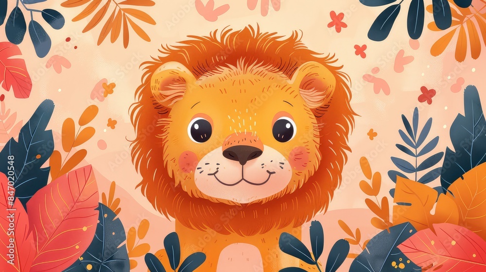 Cute Little Lion: Cartoon Pattern for Children’s Clothes with Decorative Elements, Flat Drawing