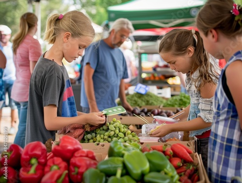 Fototapeta Naklejka Na Ścianę i Meble -  Children shopping at a local farmers market, picking out fresh produce like green grapes and red peppers.