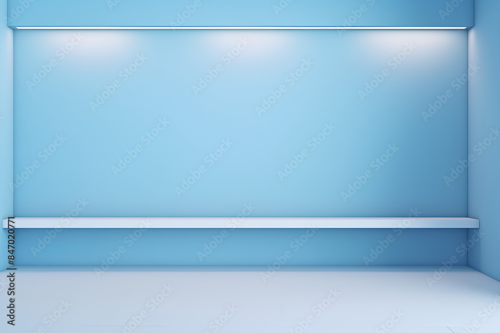 Universal minimalistic blue background for presentation. A light blue wall in the interior with beautiful built-in lighting and a smooth floor. Universal minimalistic blue background for presentation. A light blue wall in the interior with beautiful built-in lighting and a smooth floor.