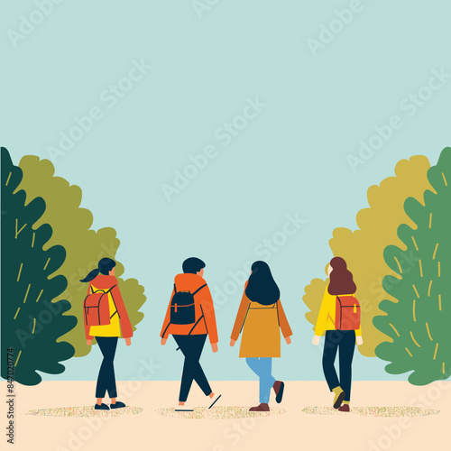 Three friends walking through park surrounded trees, enjoying leisurely hike outdoors, person wearing colorful coat carrying backpack while strolling along path. Trees exhibit autumn colors, simple