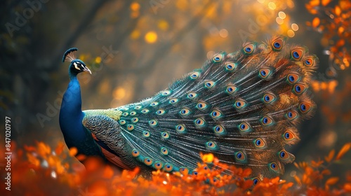 beautiful elegance peacock in tranquil forest nature landscape