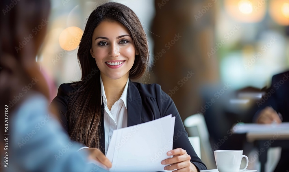 A beautiful business woman sitting on a meeting next to a table with her colleagues and handing a paper to someone A beautiful business woman sitting on a meeting next to a table with her colleagues and handing a paper to someone