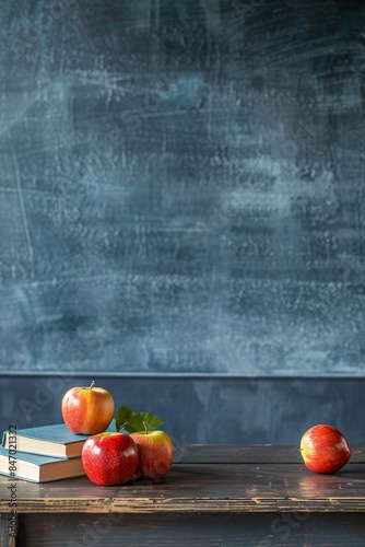 Back to school concept featuring red apples and textbooks on a vintage school desk