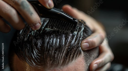 A barber applies hair product to a customers hair with a comb.