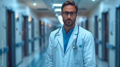 Portrait of a happy, friendly male doctor in a white coat with a stethoscope around his neck, standing in a modern private clinic and looking at the camera. The concept of medical healthcare. © Alex Alex