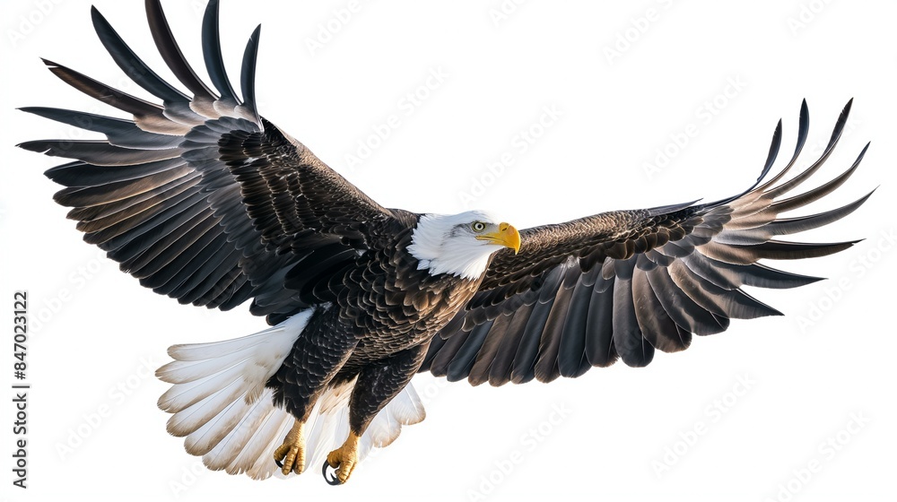 Majestic American Bald Eagle Soaring with Wings Fully Outstretched Against a Clear Sky Majestic American Bald Eagle Soaring with Wings Fully Outstretched Against a Clear Sky