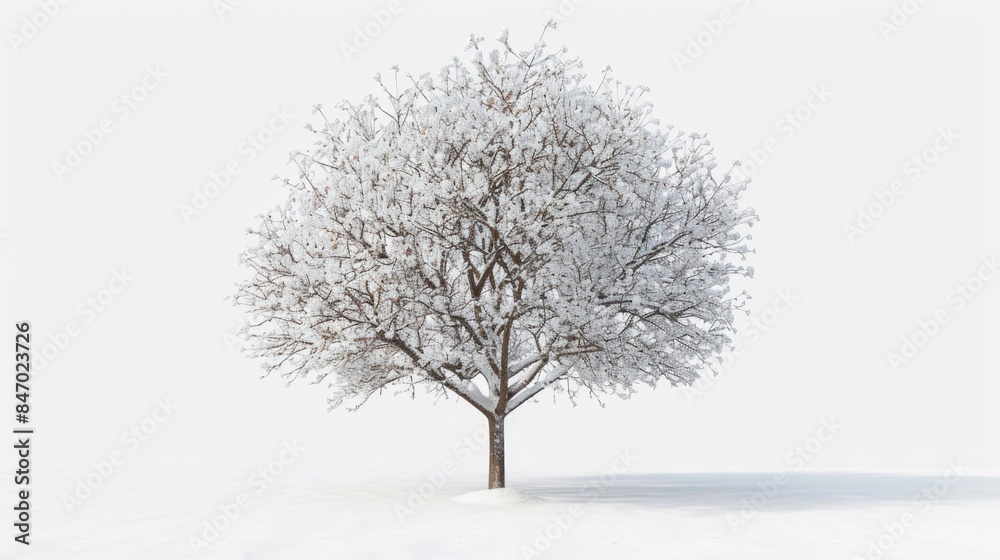 A solitary snow-covered tree stands tall in the midst of a snowy field, perfect for winter scenes or seasonal decorations A solitary snow-covered tree stands tall in the midst of a snowy field, perfect for winter scenes or seasonal decorations