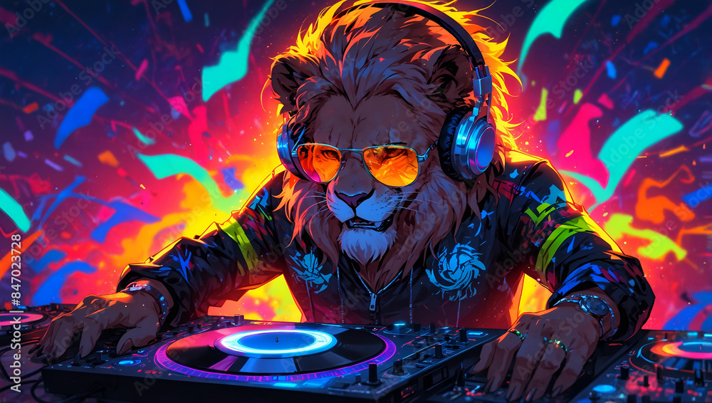 Cool Lion using headphones and glasses with a dj console on colorful background Cool Lion using headphones and glasses with a dj console on colorful background