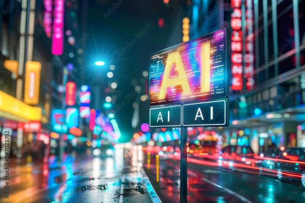 Neon AI sign in a rainy city street, symbolizing the integration of artificial intelligence in urban environments and modern technology Neon AI sign in a rainy city street, symbolizing the integration of artificial intelligence in urban environments and modern technology