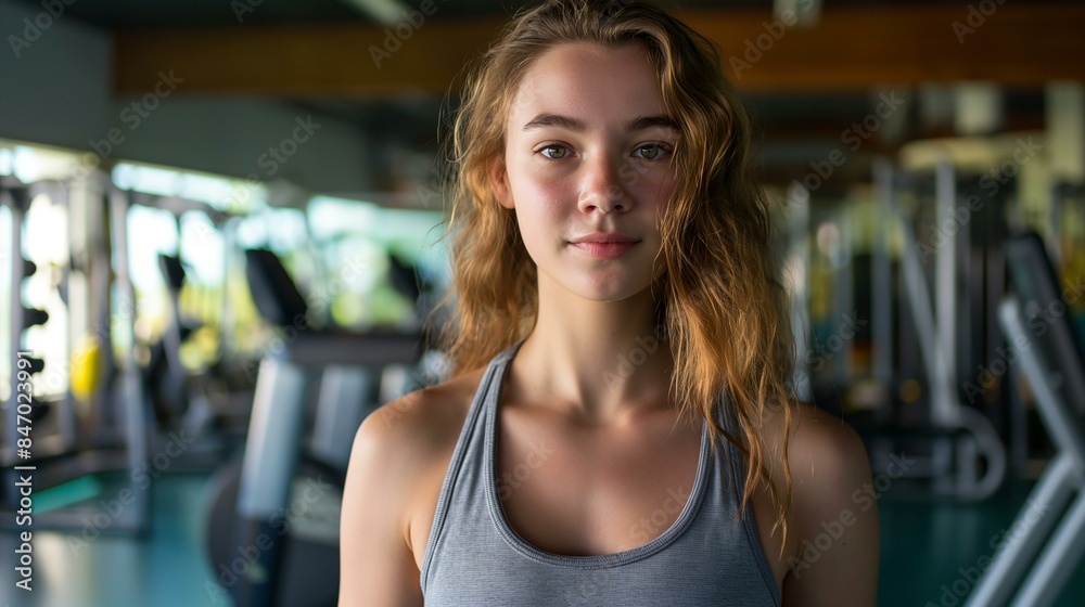 Confident Young Woman in a Grey Sports Tank Top at the Gym
