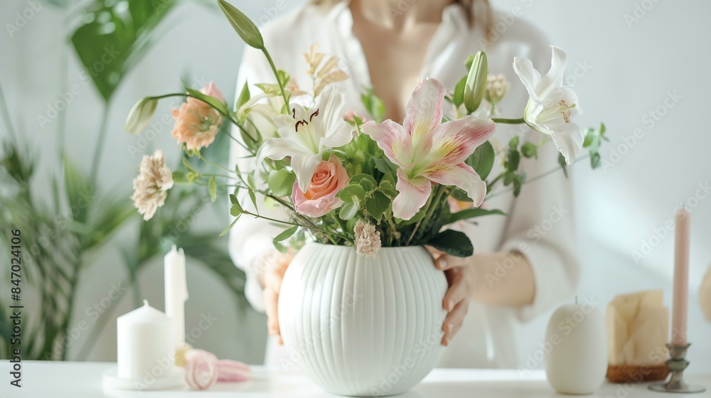 Woman Holding Colorful Flowers in a White Vase on a Table Woman Holding Colorful Flowers in a White Vase on a Table