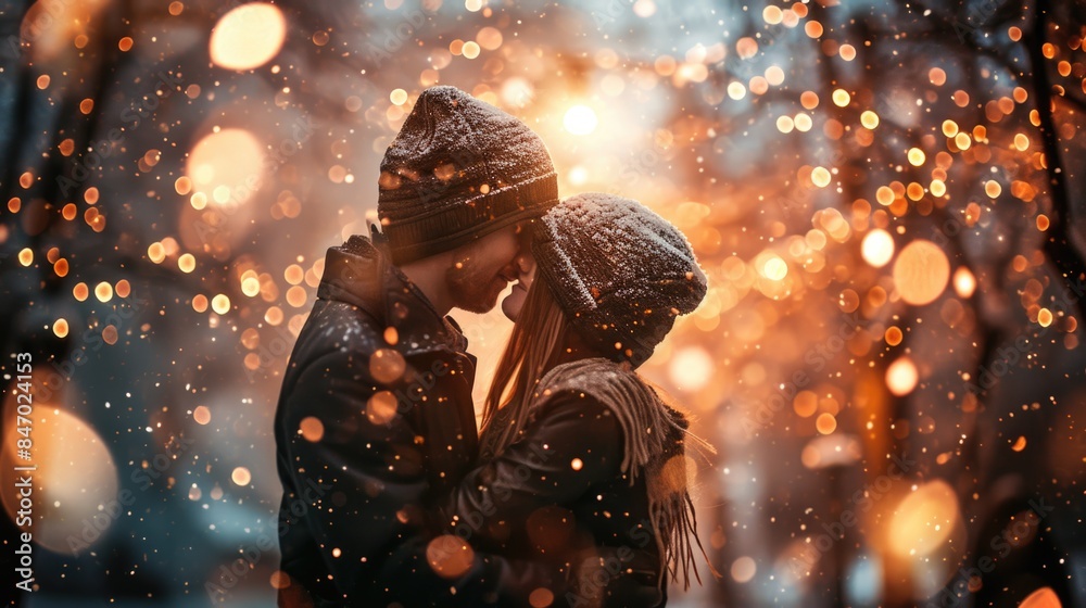 A romantic moment captured between a couple embracing each other in the snowy surroundings, with a possible use for Valentine's Day or winter-themed projects A romantic moment captured between a couple embracing each other in the snowy surroundings, with a possible use for Valentine's Day or winter-themed projects