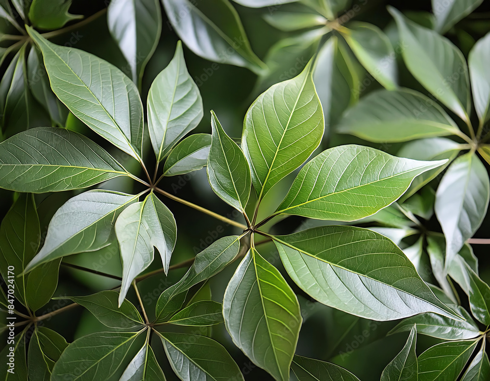Obraz premium Leaves of Japanese Aralia (Yatsude) Close up of the leaves on a Japonica Spider Web plant