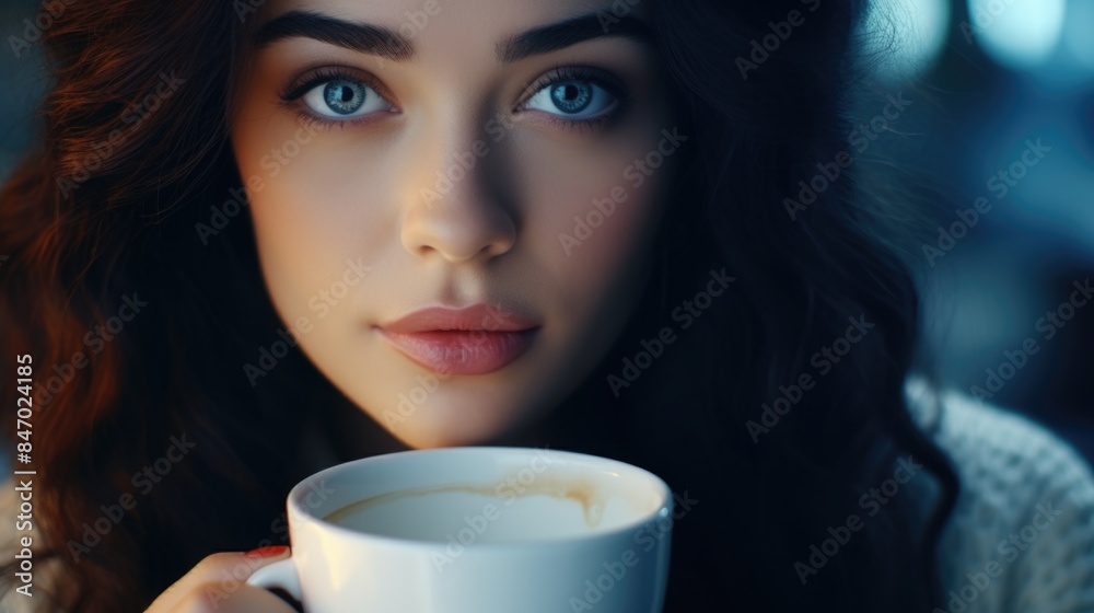 A woman holds a cup of coffee, great for cafe or office settings A woman holds a cup of coffee, great for cafe or office settings