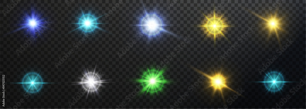 Set of colorful light effects. Glowing isolated set of multicolored transparent light glare effects. Sunlight, abstract special effect. Set of colorful light effects. Glowing isolated set of multicolored transparent light glare effects. Sunlight, abstract special effect.