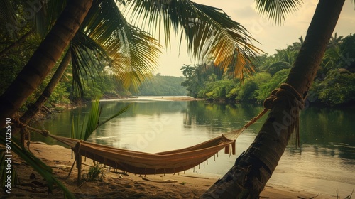 A hammock strung between two palm trees on the beach river's edge, swaying gently in the breeze