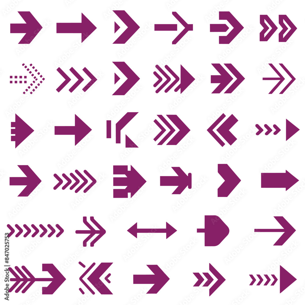 Magenta Arrow Icon Set with Diverse Designs and Orientations Magenta Arrow Icon Set with Diverse Designs and Orientations