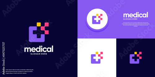 health cross abstract logo with technology concept, pixel splash, health care, logo illustration design.