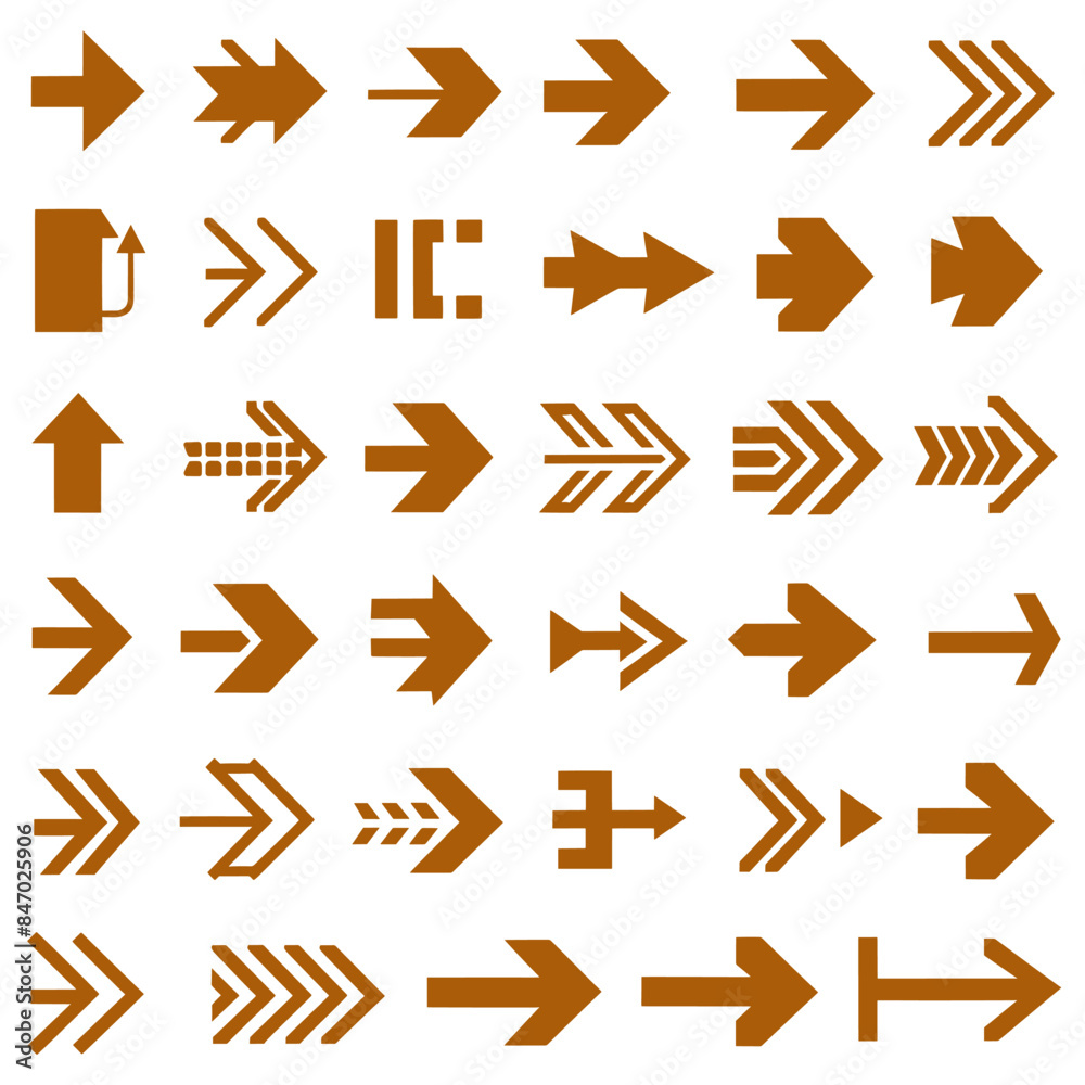 Orange Arrow Icon Set with Diverse Designs and Orientations Orange Arrow Icon Set with Diverse Designs and Orientations