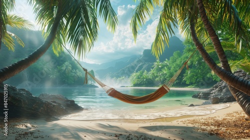 A hammock strung between two palm trees on the beach river's edge, swaying gently in the breeze