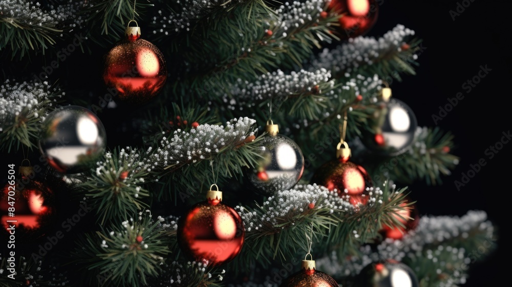 A close-up view of a decorated Christmas tree with various ornaments, ideal for holiday-themed designs and illustrations A close-up view of a decorated Christmas tree with various ornaments, ideal for holiday-themed designs and illustrations