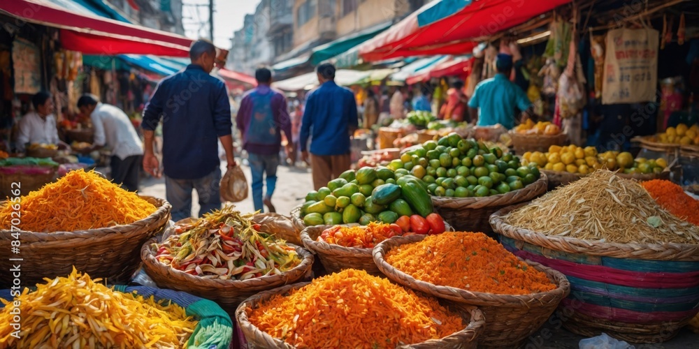 Fototapeta premium Photo captures the vibrancy and diversity of a bustling Asian street food market lined with fresh produce