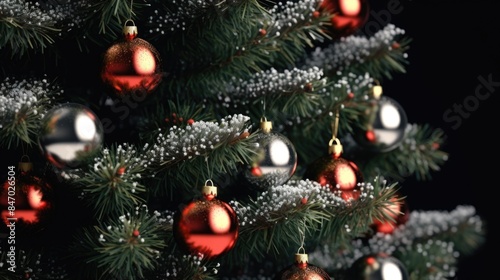 A close-up view of a decorated Christmas tree with various ornaments, ideal for holiday-themed designs and illustrations