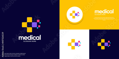 pixel tech logo, medical cross, logo design inspiration.