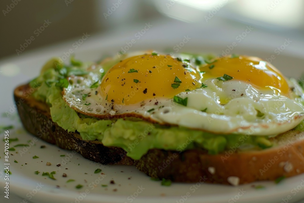 Fresh avocado toast topped with sunny side up eggs, sprinkled with herbs Fresh avocado toast topped with sunny side up eggs, sprinkled with herbs