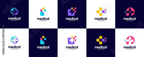 collection of medical cross logos with the concept of modern technology, health care, logo design template.