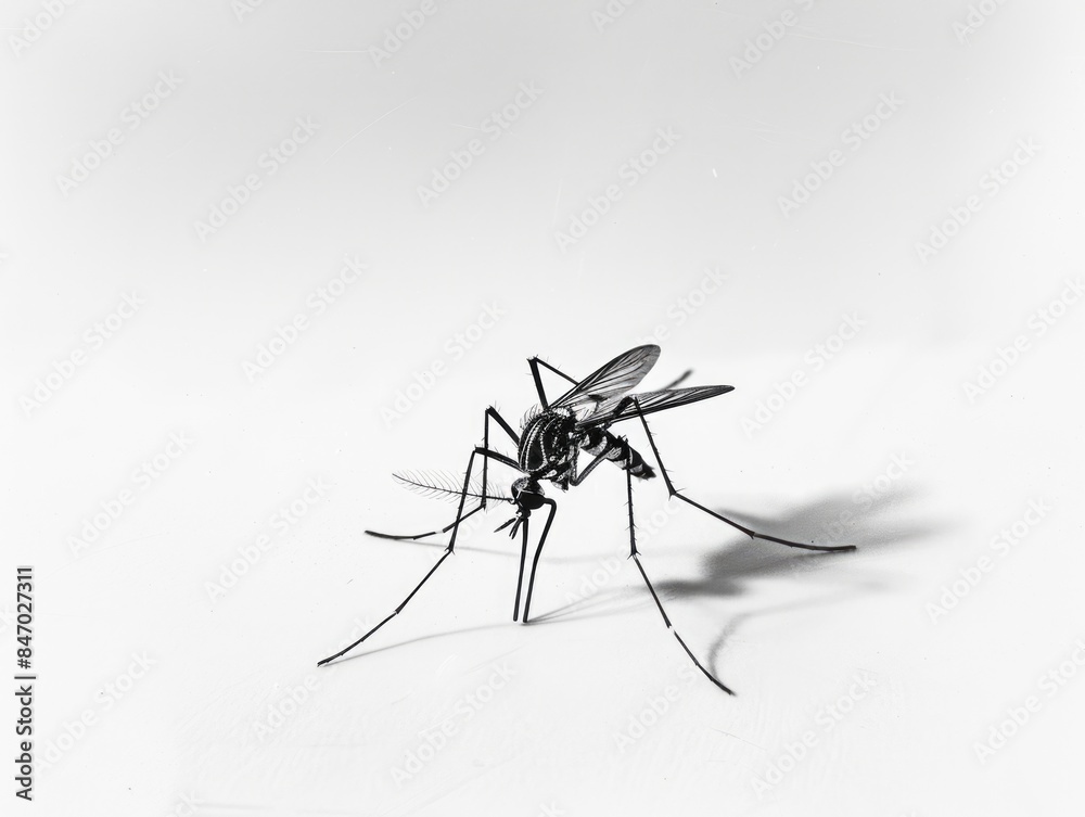 A close-up photo of a mosquito sitting on a white surface, great for use in educational or medical contexts A close-up photo of a mosquito sitting on a white surface, great for use in educational or medical contexts