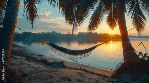 A hammock strung between two palm trees on the beach river's edge, swaying gently in the breeze