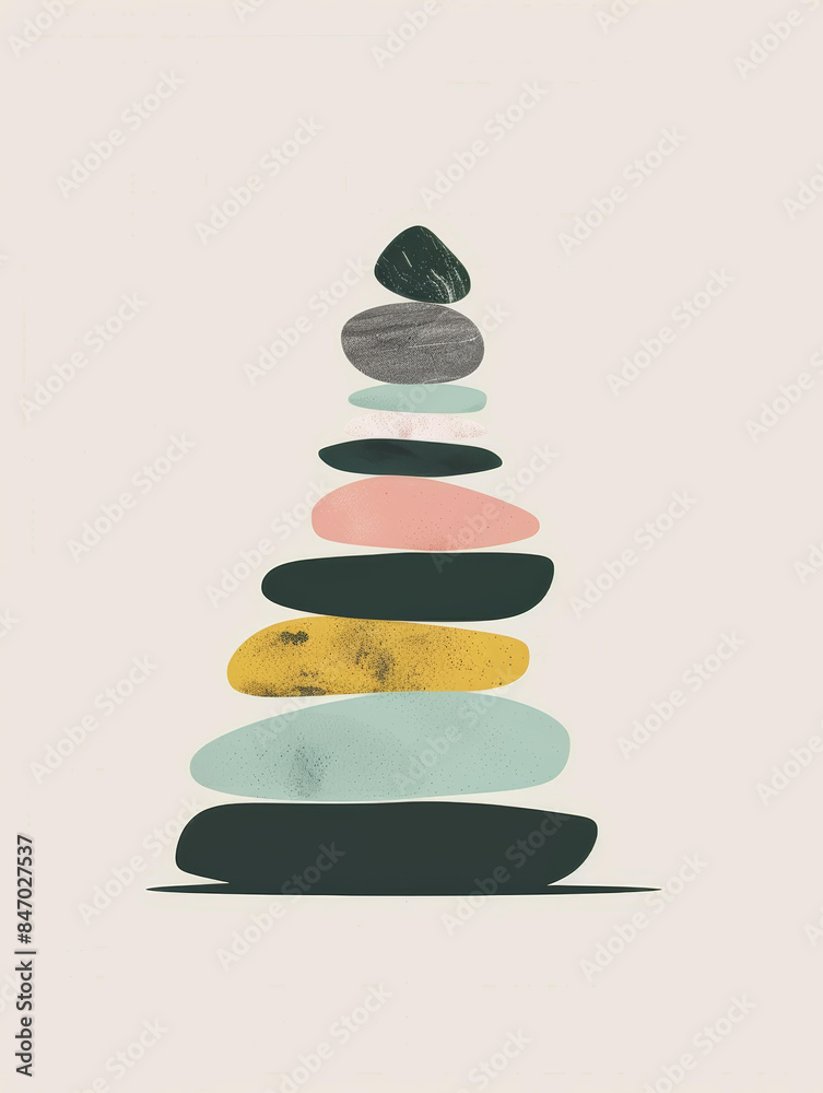 A digital illustration of a stack of colorful stones, balanced in a pyramid shape against a light background A digital illustration of a stack of colorful stones, balanced in a pyramid shape against a light background