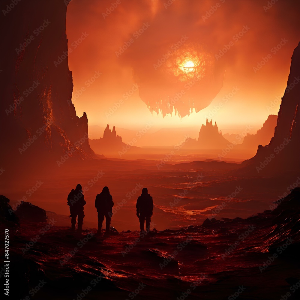 A team of explorers discovering an ancient alien artifact on a desolate planet. A team of explorers discovering an ancient alien artifact on a desolate planet.