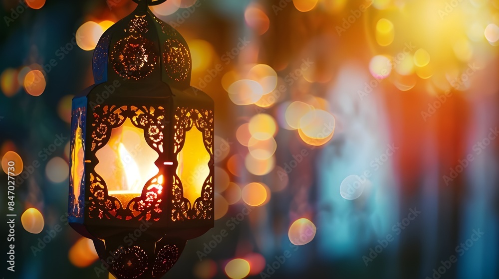 Traditional ornate lantern with a lit candle inside is placed on a wooden surface against the blurred backdrop