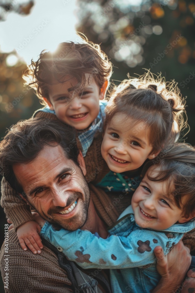 A father or guardian holding two young kids close to him, possibly in a moment of comfort and protection A father or guardian holding two young kids close to him, possibly in a moment of comfort and protection