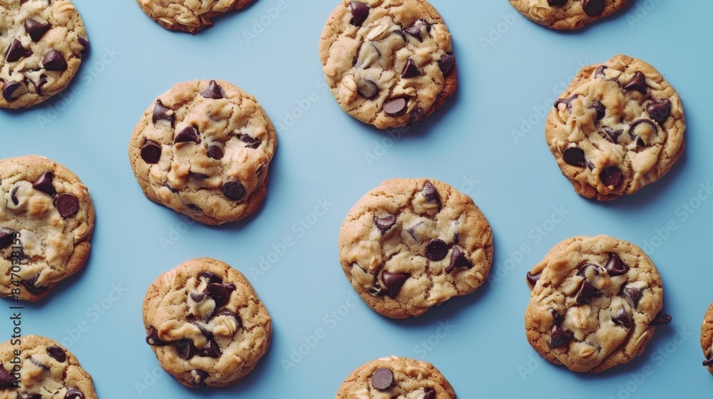 A plate of freshly baked chocolate chip cookies on a blue surface, great for photography and food styling A plate of freshly baked chocolate chip cookies on a blue surface, great for photography and food styling