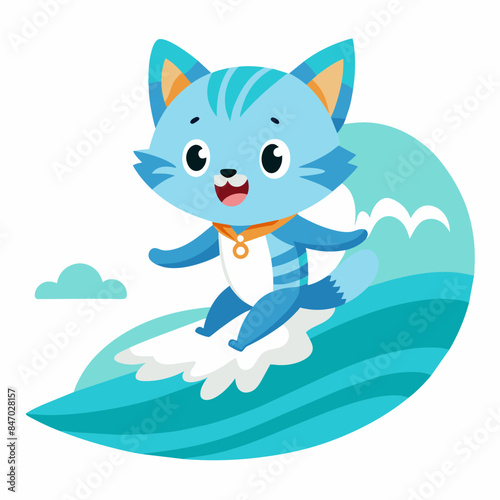 Canvas Print Adorable Little Cat Surfing on the Sea White Background