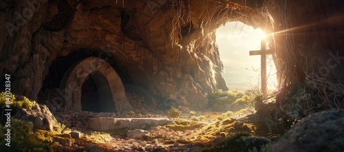 In a cave, Jesus lies with a cross in the backdrop, evoking a somber scene