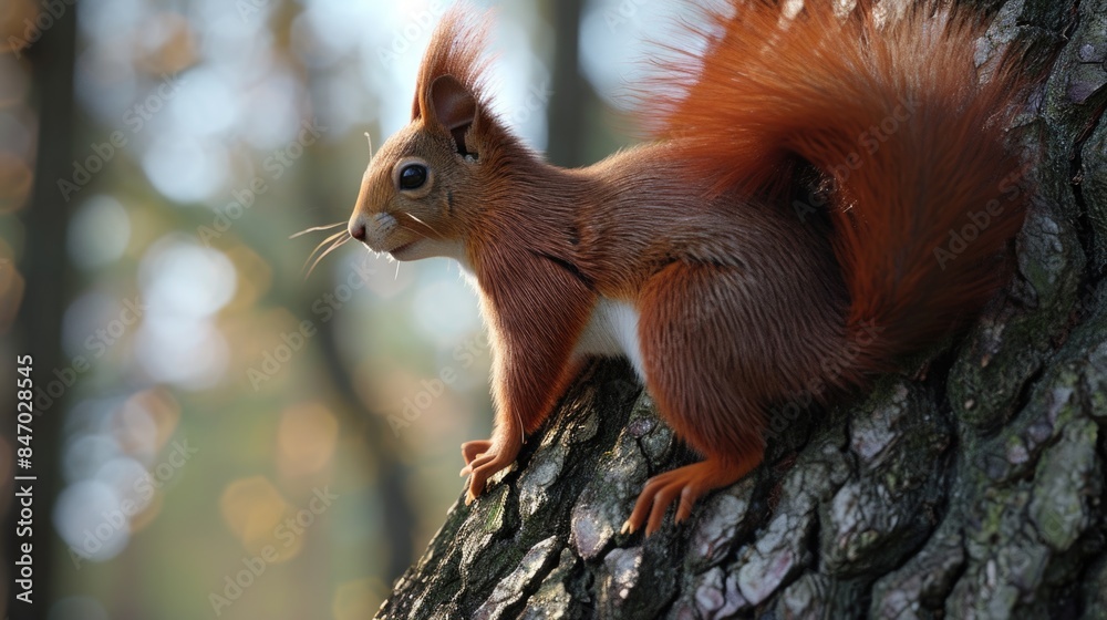 A squirrel sitting on a tree trunk, looking around A squirrel sitting on a tree trunk, looking around