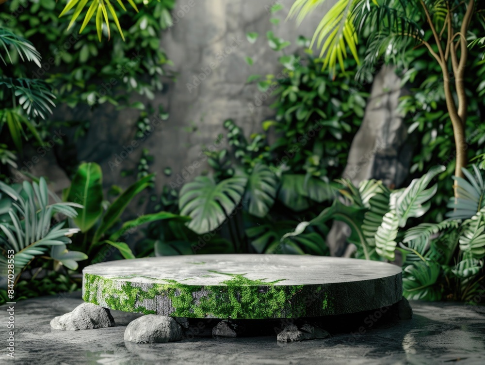 A natural setting with a stone table amidst lush greenery and rock formations