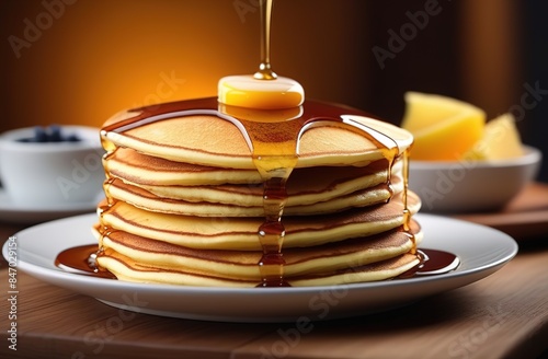 stack of frsh tasty pancakes with syrup photo