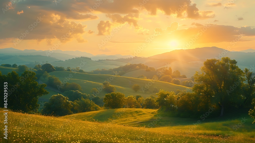 Naklejka premium Sunset Over Rolling Hills Serene Rural Landscape