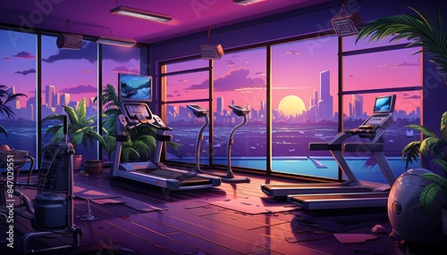 Worklife balance fitness area flat design, side view, home gym, cartoon drawing, tetradic color scheme