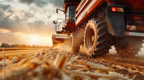 Efficient Grain Transfer: Combine Harvester Loading Grain into Truck for Transport photo