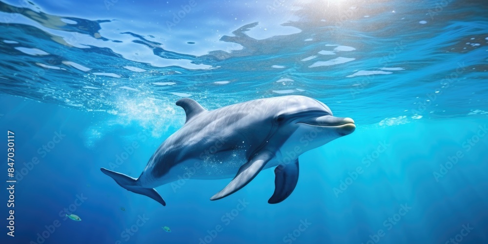 A dolphin swimming beneath the surface of the water in the sunlight A dolphin swimming beneath the surface of the water in the sunlight
