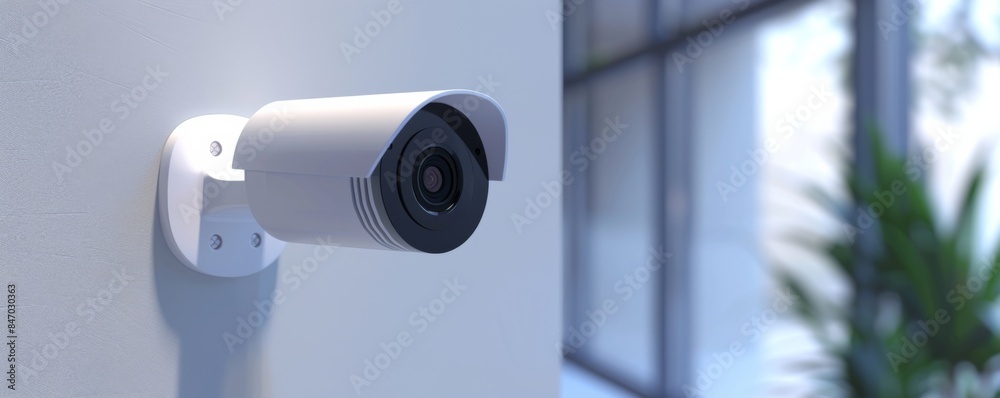 Security futuristic smart camera mounted on wall of company building, banner. Generative Ai. Security futuristic smart camera mounted on wall of company building, banner. Generative Ai.