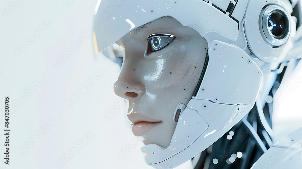 A close-up of a female android's face, showcasing a futuristic design. Her features are soft, but her eyes are piercing and intelligent.