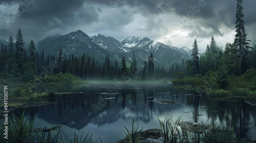 A serene lake surrounded by trees and mountains